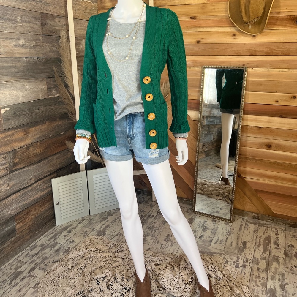 Long-sleeved V-neck cable knit with wood button in green!